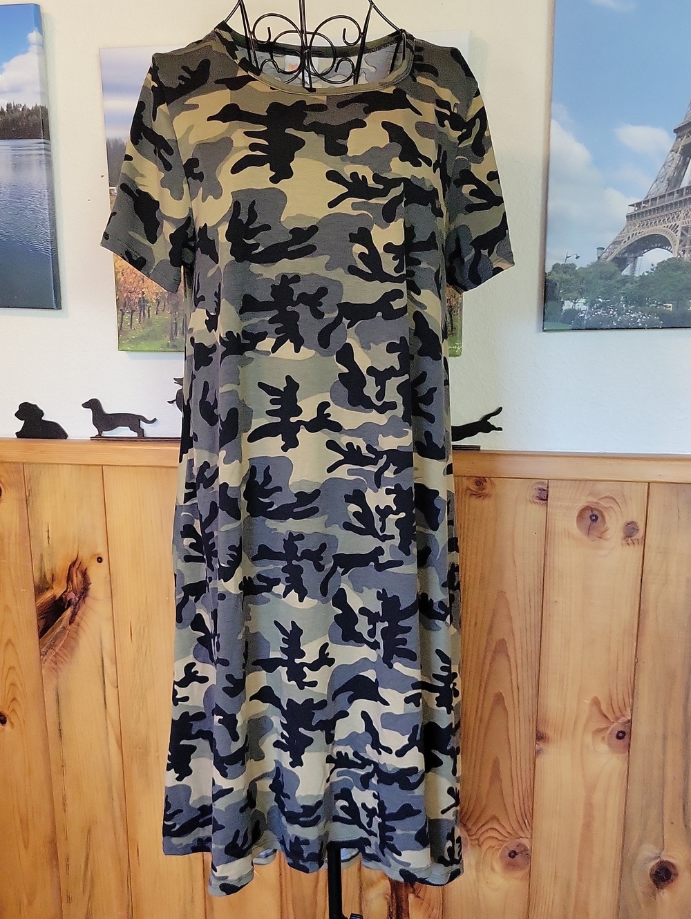 LuLaRoe Camo Midi Dress in Olive, Black, and Gray